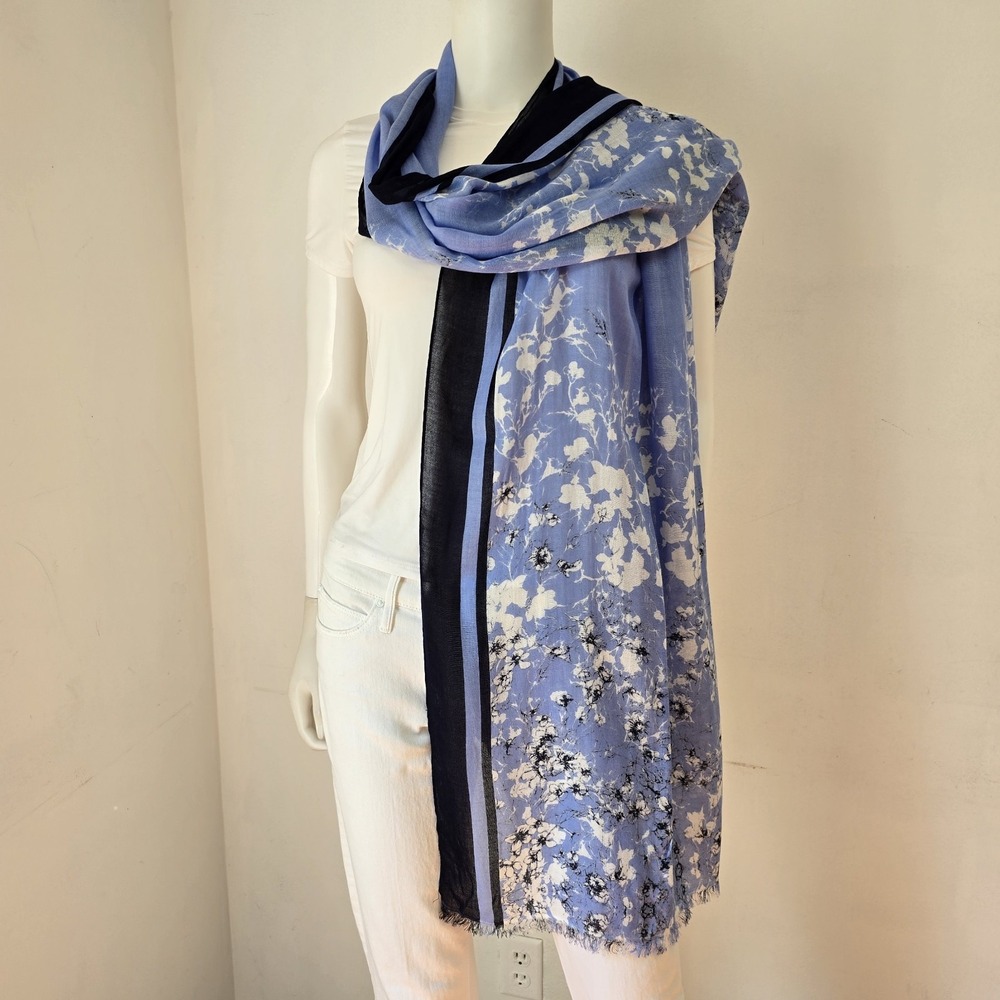 Talbots Scarf Blue Abstract Floral Lightweight 74"x21" Preppy Layering Viscose